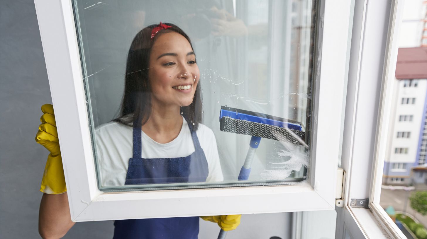 a woman cleaning a window a woman cleaning a window