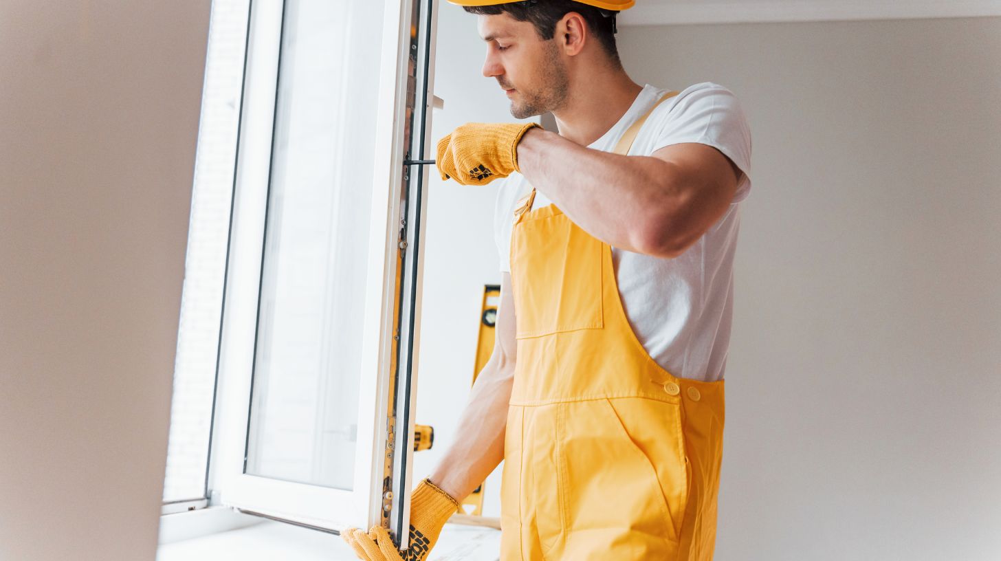 An expert installing double glazed windows An expert installing double glazed windows