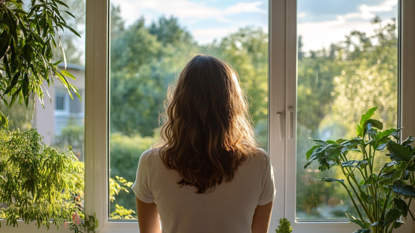 a woman looking out her newly cleaned double glazed windows a woman looking out her newly cleaned double glazed windows