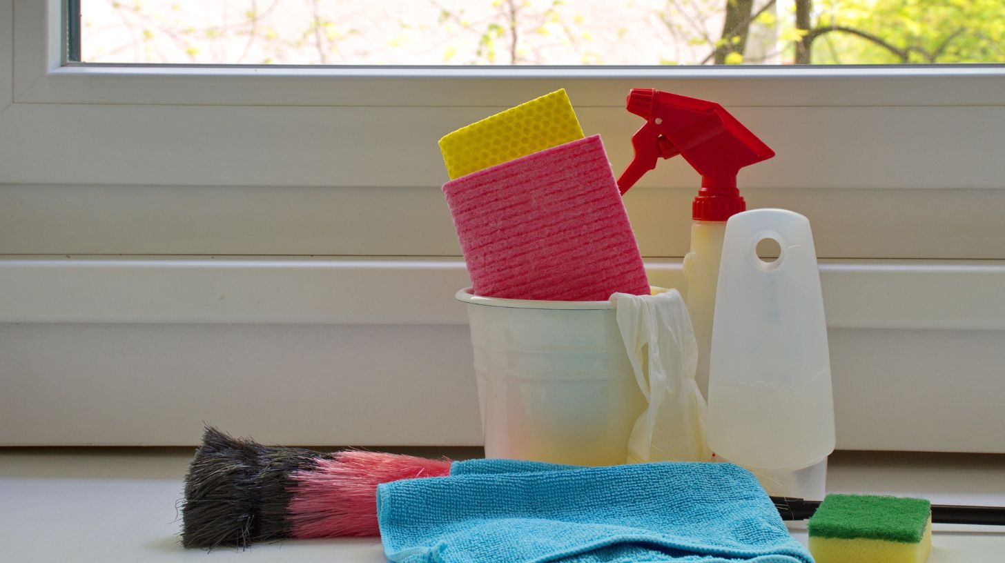 cleaning supplies in front of a window cleaning supplies in front of a window