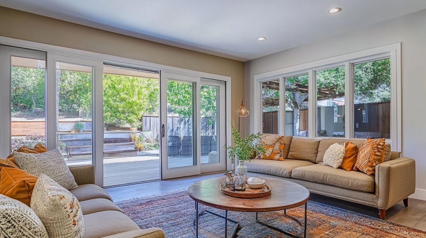 a living room with sliding windows and doors