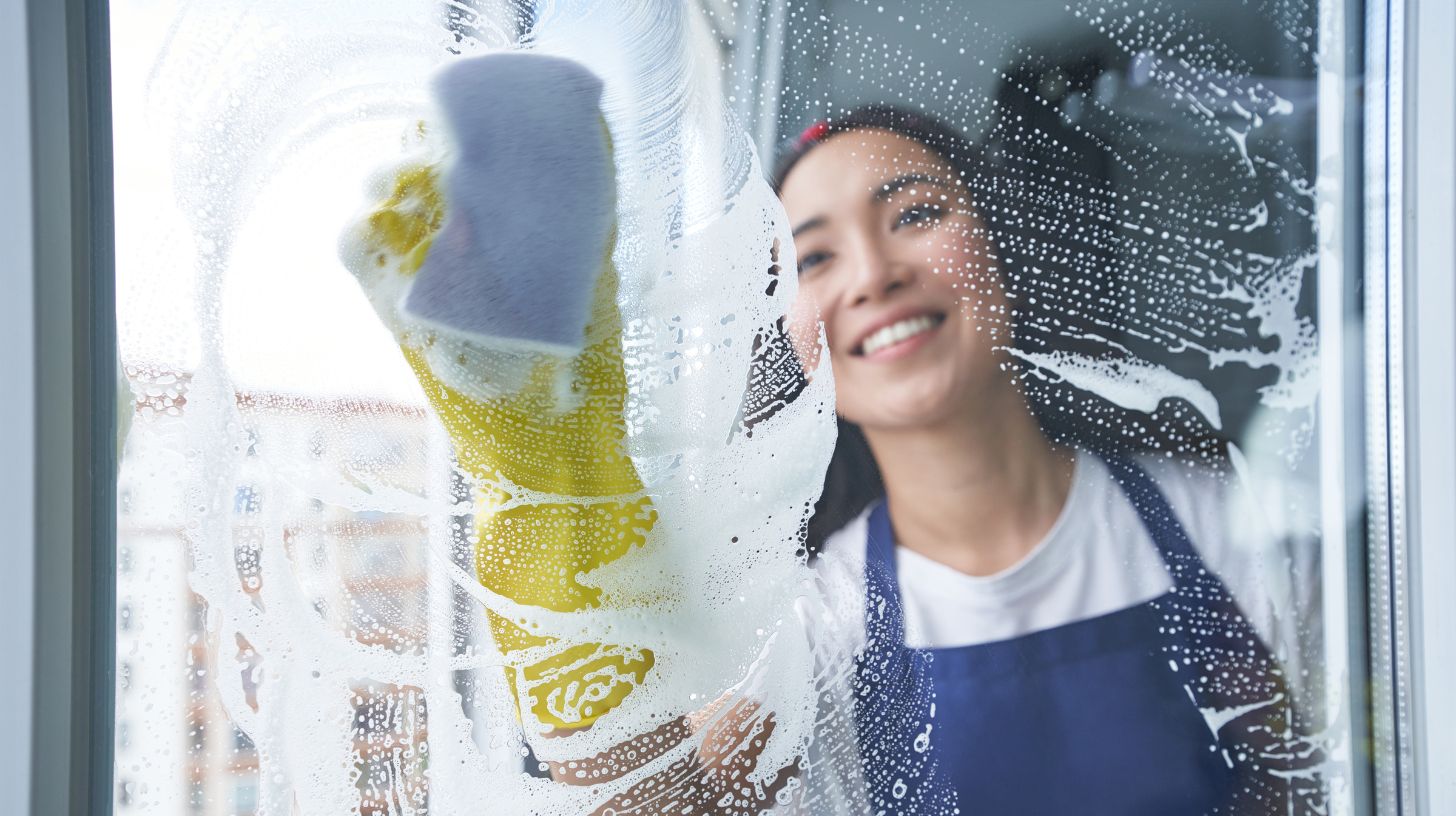 a woman cleaning a window with a sponge a woman cleaning a window with a sponge