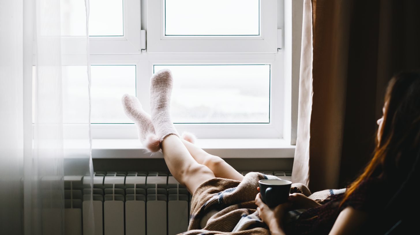 A woman looking out her window in winter