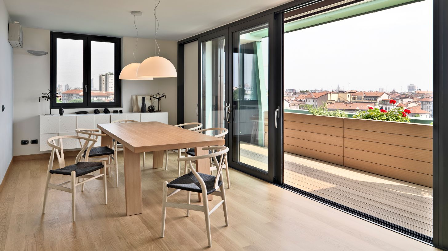 a black sliding door leading to a balcony