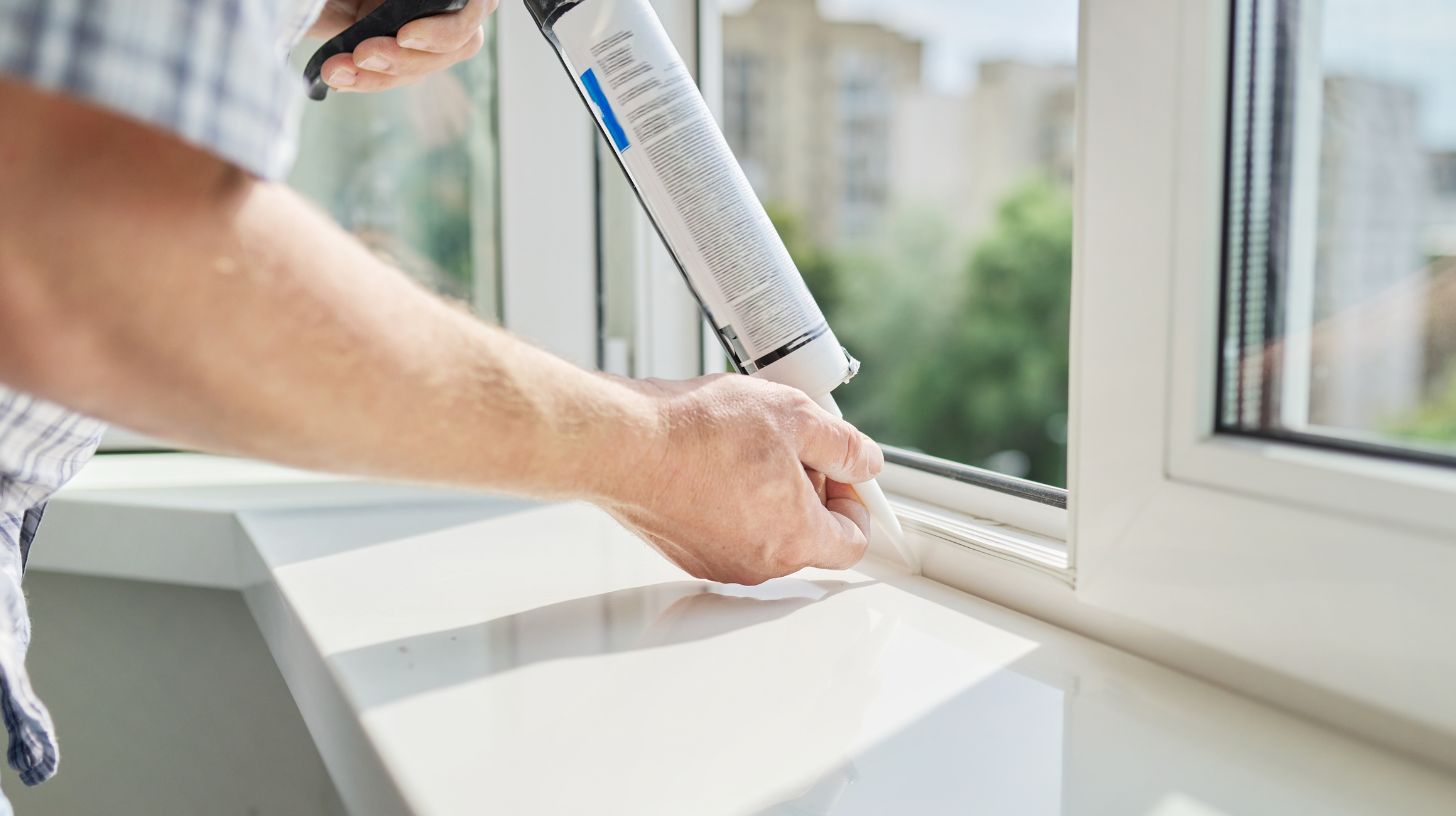 applying caulking on a window to prevent condensation