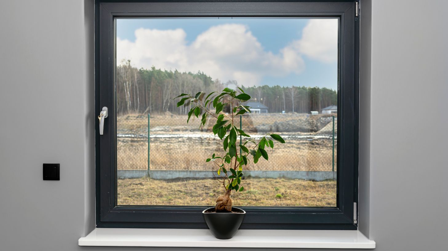 A plant in front of a double glazed window A plant in front of a double glazed window